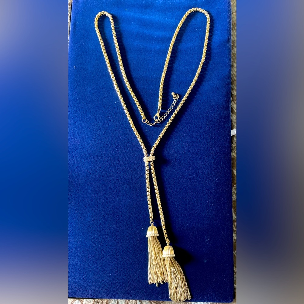 Gold & faux diamond long tassel necklace